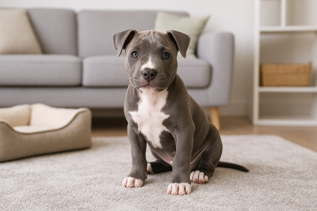 Cute gray and white puppy sitting on a carpet in a living room demonstrating how to introduce a new dog to your home