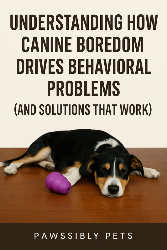 Signs my dog is bored shown by a sleepy dog lying next to a purple toy with text about canine boredom and behavioral problems