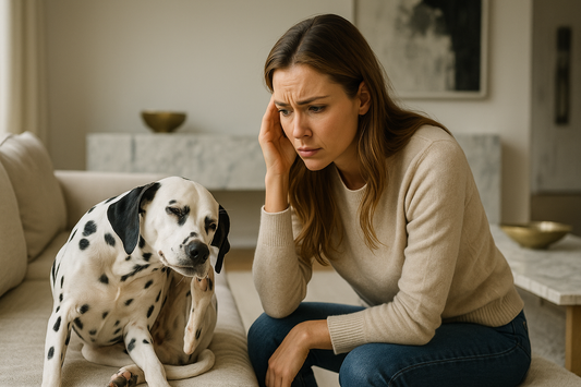 Worried woman watching Dalmatian scratch on couch asking why is my dog constantly scratching and seeking relief tips