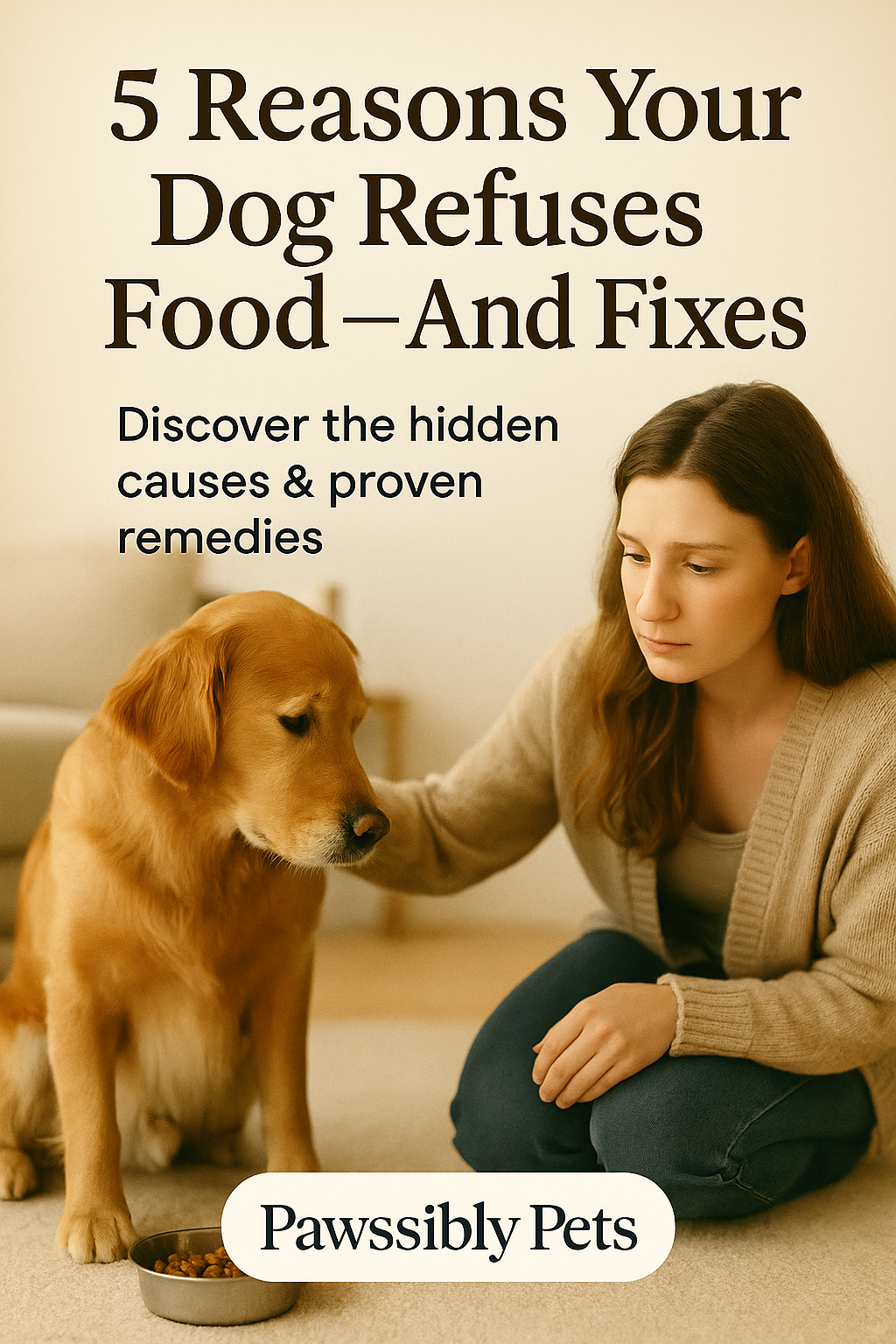 A worried pet owner kneeling beside her dog who is ignoring a full food bowl. The dog looks uninterested, turning its head slightly away from the bowl to emphasize refusal.