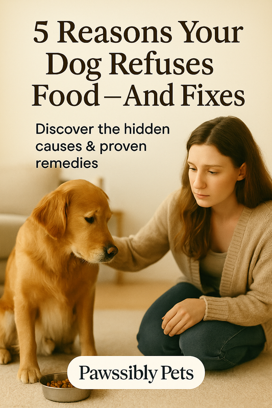 A worried pet owner kneeling beside her dog who is ignoring a full food bowl. The dog looks uninterested, turning its head slightly away from the bowl to emphasize refusal.