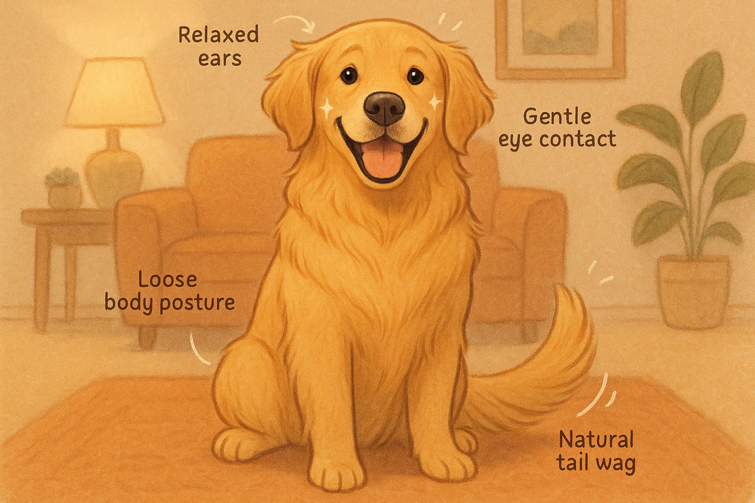 Illustration showing signs of a happy dog with relaxed ears, gentle eye contact, loose posture, and natural tail wag