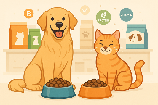 Happy dog and cat with bowls of food surrounded by pet food packages highlighting reading pet food labels
