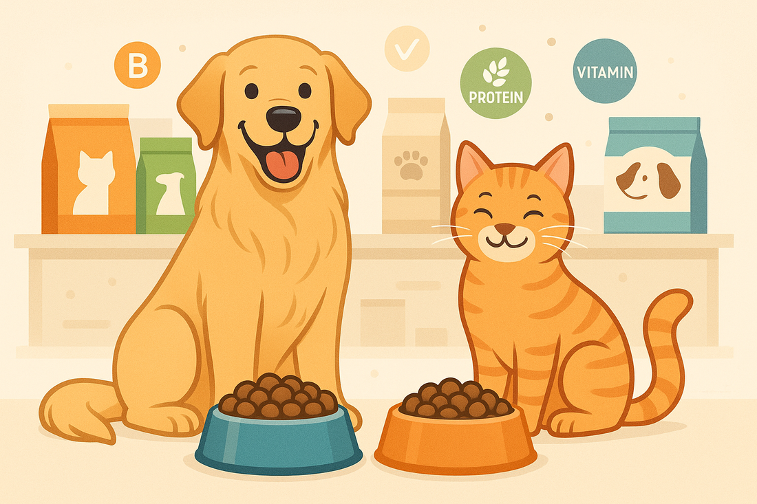 Happy dog and cat with bowls of food surrounded by pet food packages highlighting reading pet food labels