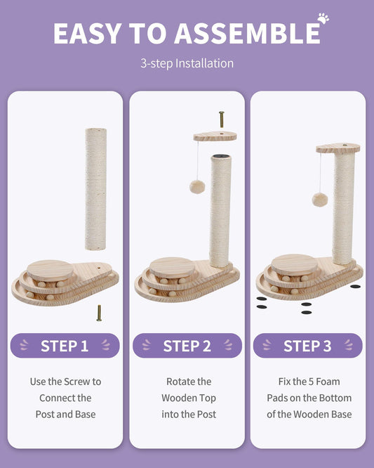 Step-by-step assembly guide for durable cat scratching board with wooden base and post by Pawssibly Pets