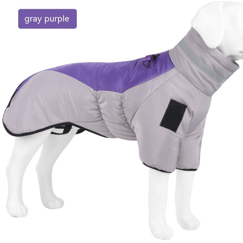 A Gray and purple dog coat on a mannequin with 'gray purple' label.