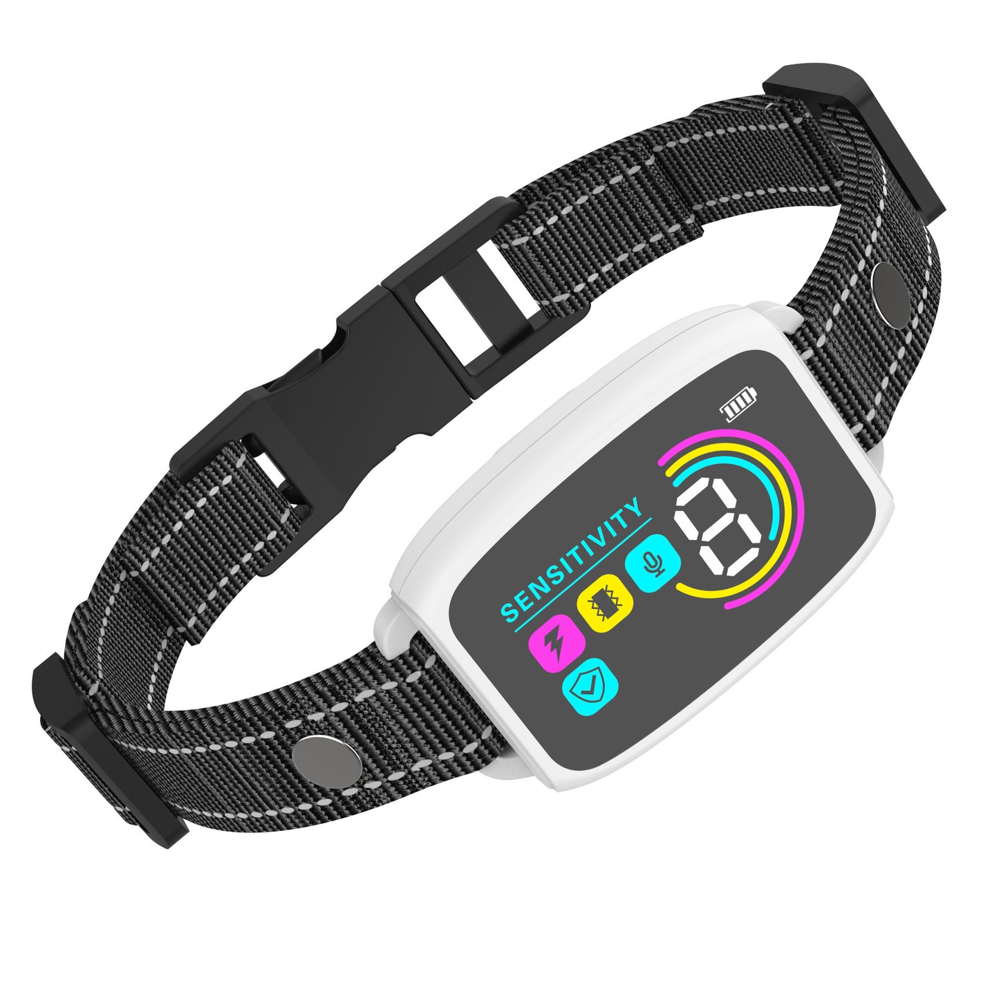 Black dog anti bark collar with a digital display on a white background