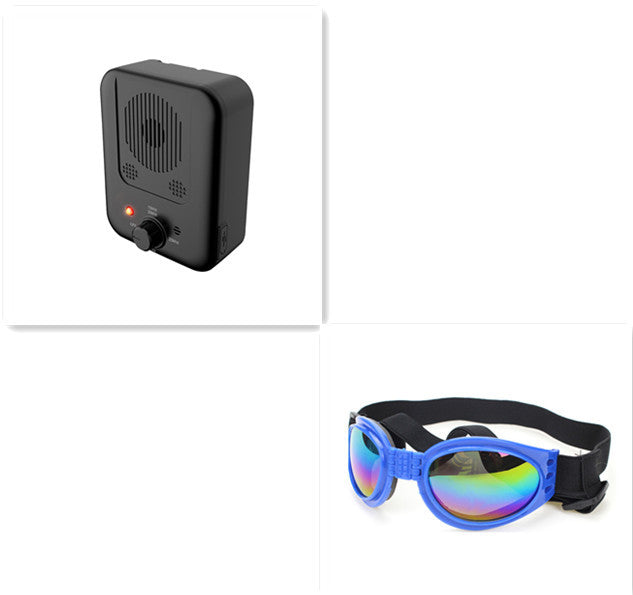 Black electronic device on the left and blue colorful dog goggles on the right against a white background
