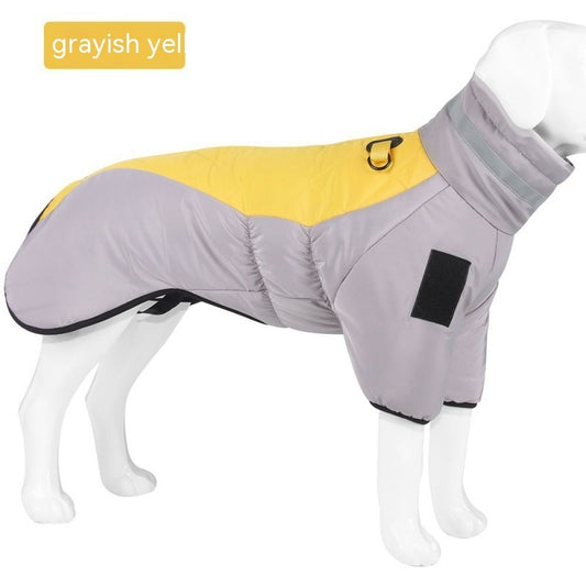 Grayish yellow dog winter coat on a mannequin against a white background