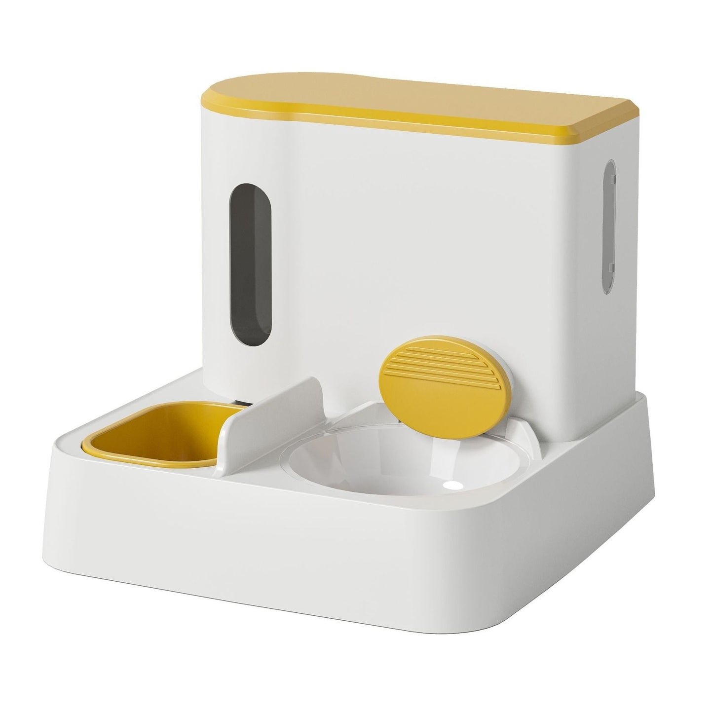 Pawssiblypets automatic cat feeder with white and yellow design for feeding and travel