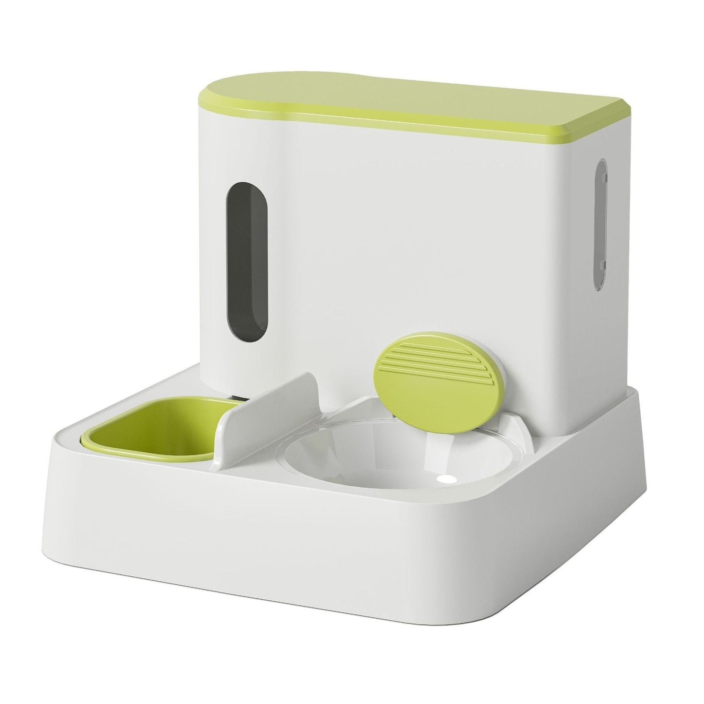 Pawssiblypets automatic cat feeder with dual feeding bowls and green accents for easy pet feeding