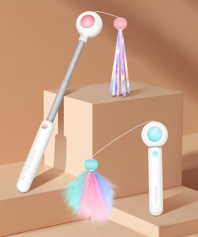 Interactive cat toy set with colorful feather and foil attachments for pet entertainment