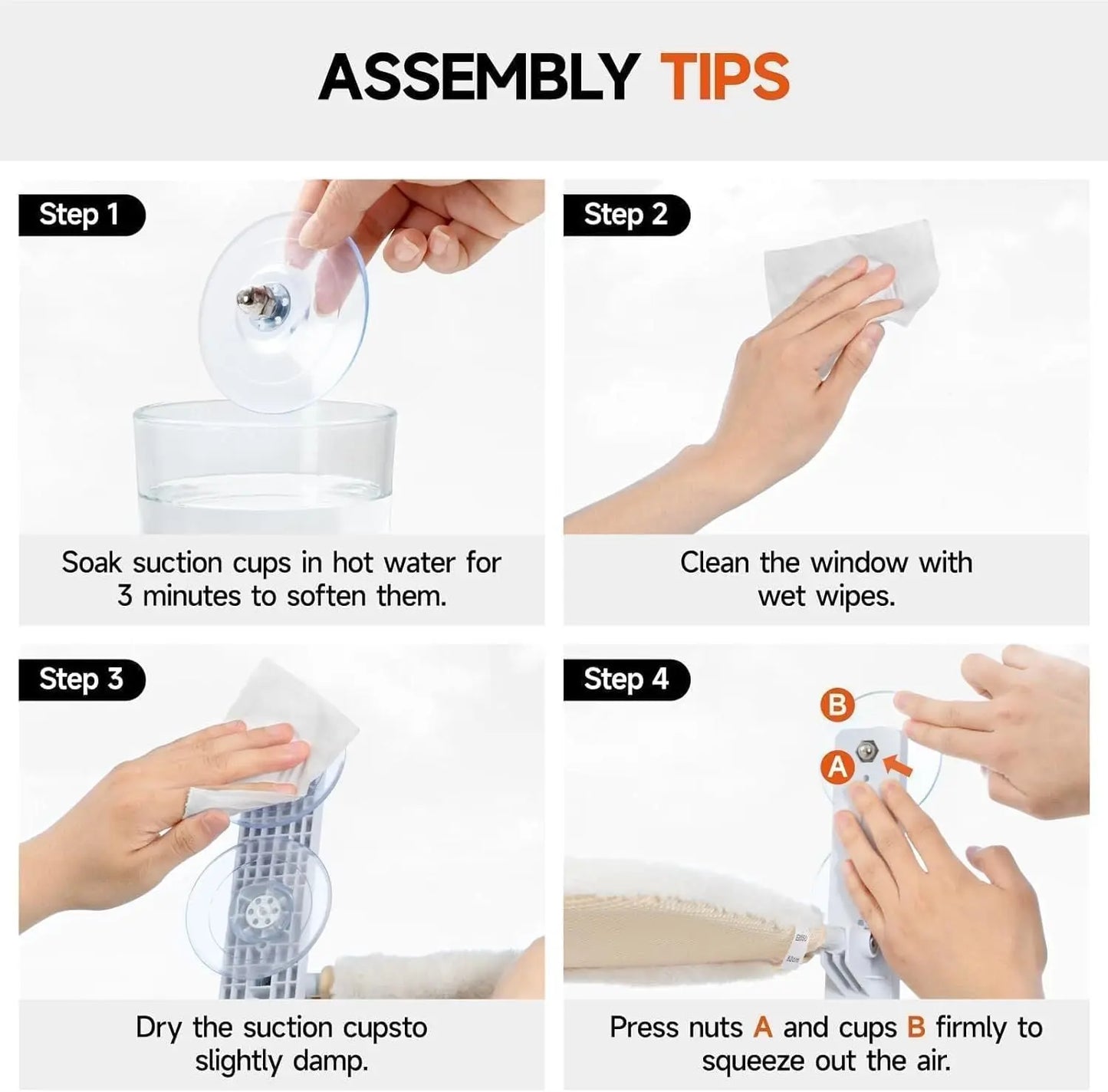 Step-by-step assembly tips for installing Pawssibly Pets cat window perch with suction cups and cleaning instructions