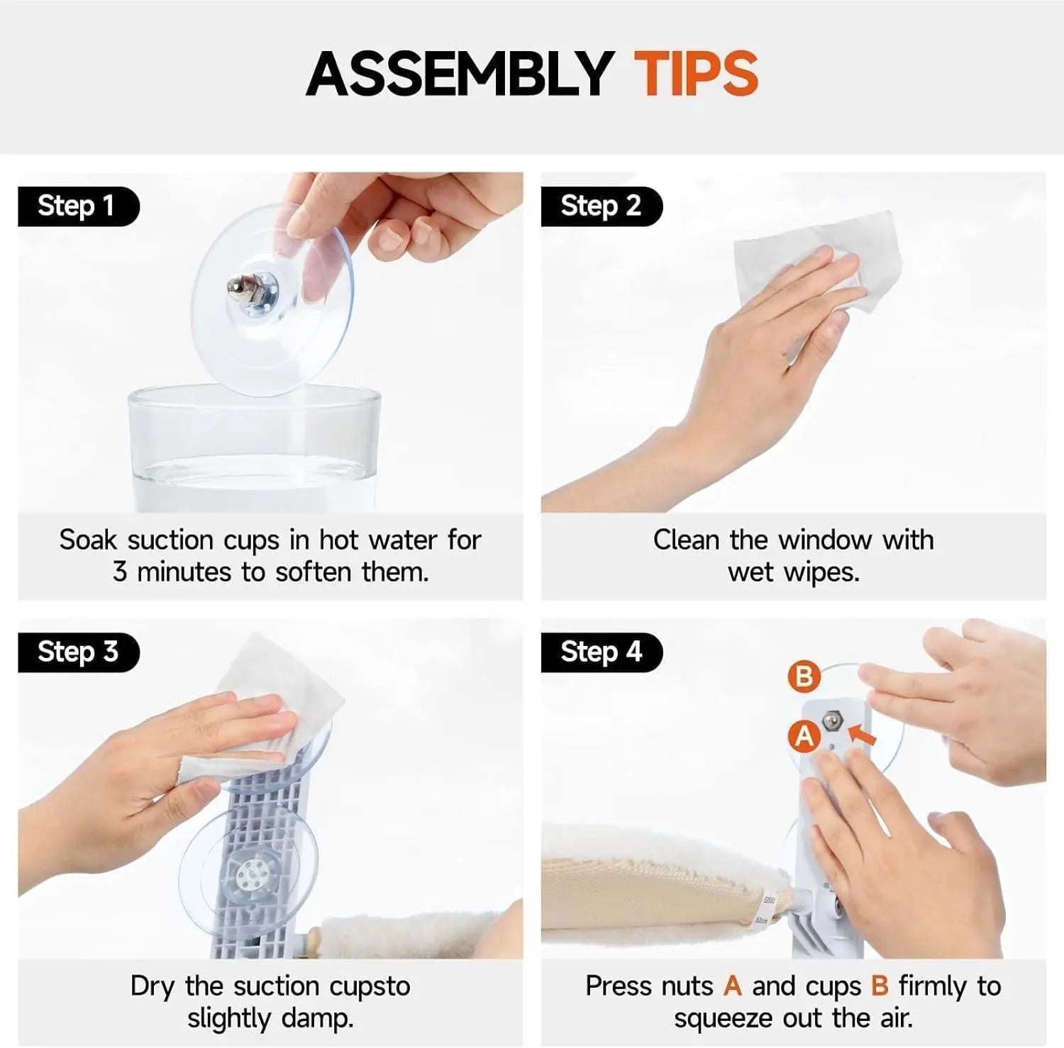 Step-by-step assembly tips for installing Pawssibly Pets cat window perch with suction cups and cleaning instructions