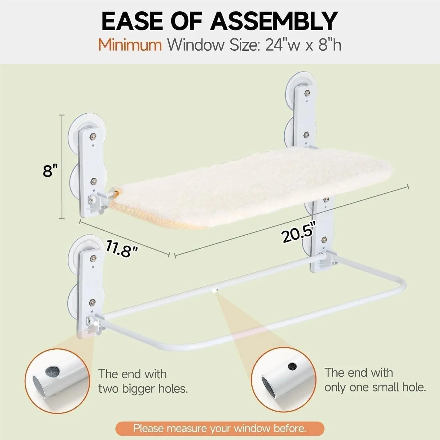 Pawssibly Pets cat window perch with plush platform and metal frame showing ease of assembly and dimensions