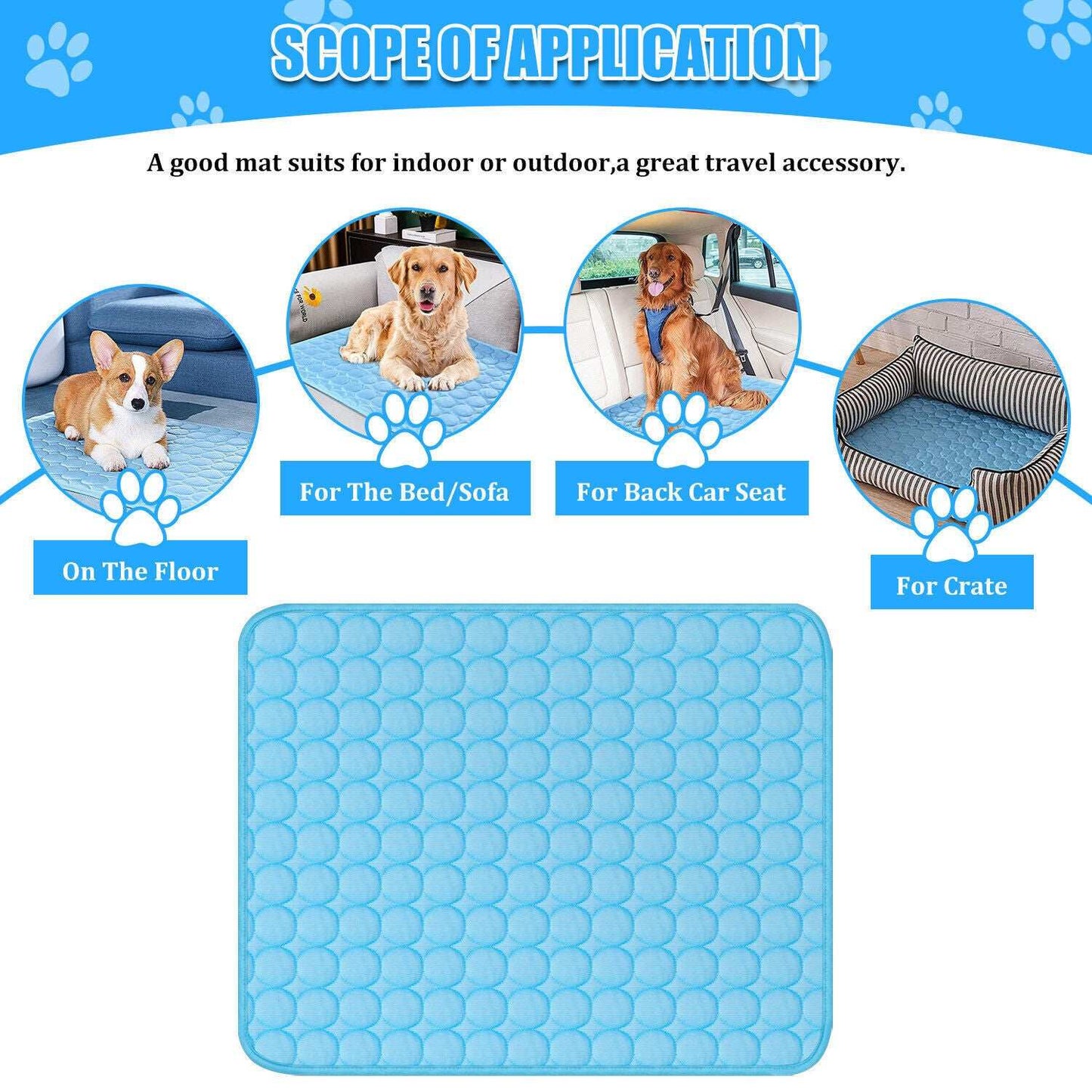 Pawssiblypets dog cooling mat in blue shown for use on floor, bed, car seat, and crate
