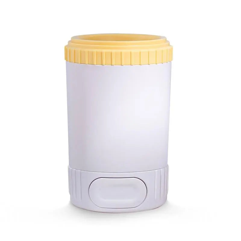Pawssiblypets dog paw cleaner cup with yellow lid and white body for easy pet paw hygiene