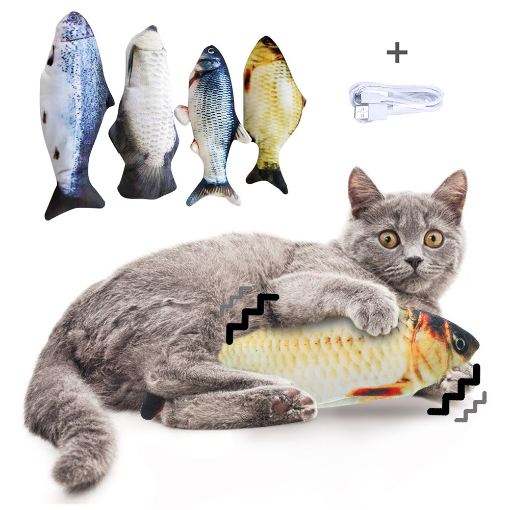 Gray cat playing with electric fish toy for cats by Pawssibly Pets with four fish designs and USB charger