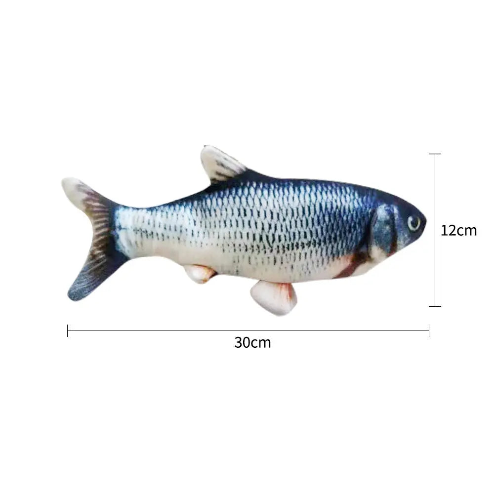 Pawssibly Pets electric fish toy for cats in realistic blue and white design measuring 30cm by 12cm