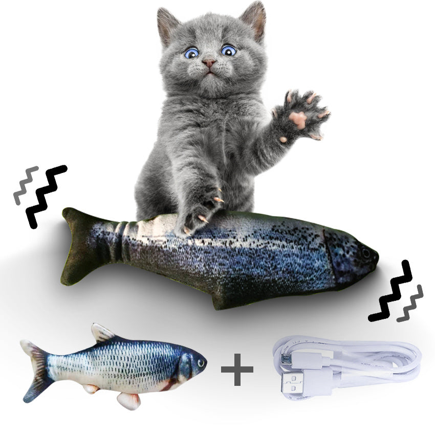 Electric fish toy for cats by Pawssibly Pets with USB charging cable shown with a playful gray kitten