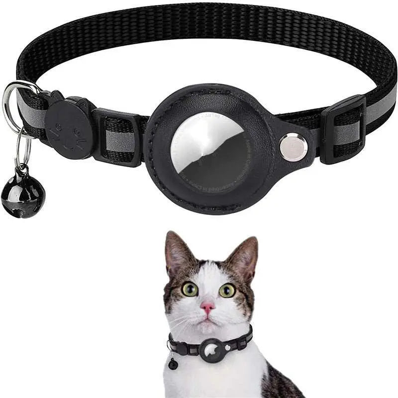 Black reflective cat collar with bell and safety buckle by Pawssibly Pets shown on a white and gray cat