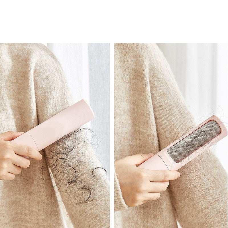 Pawssibly Pets reusable pet hair remover in pink cleaning hair from beige sweater fabric