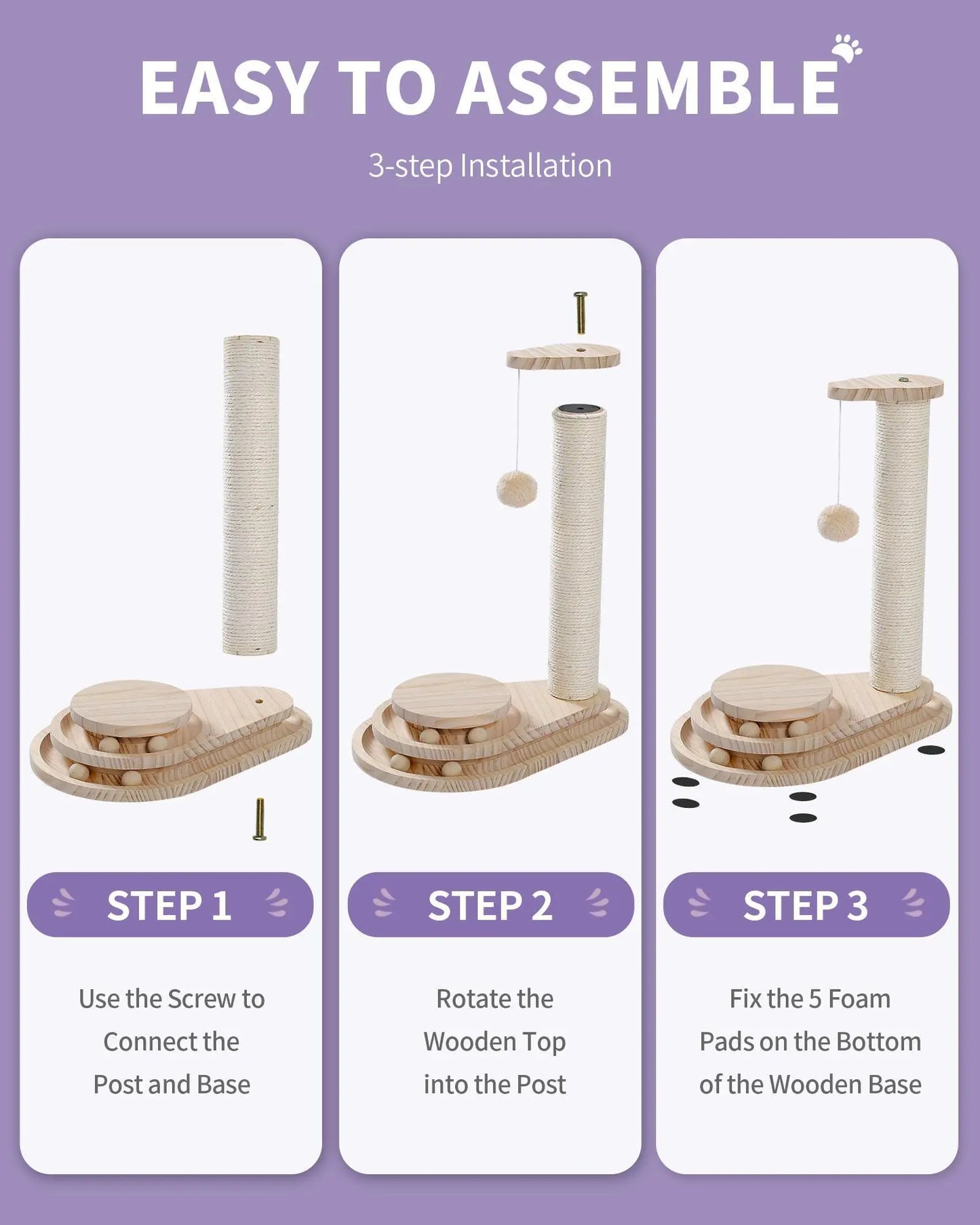 Step-by-step assembly guide for durable cat scratching board with wooden base and post by Pawssibly Pets