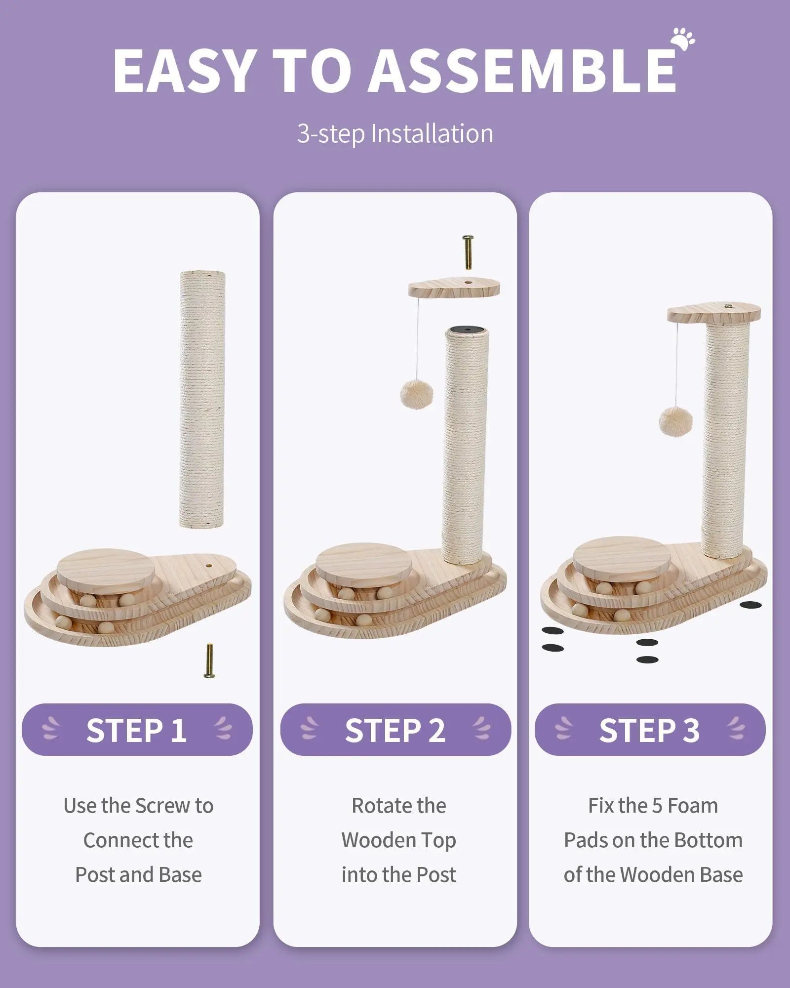 Step-by-step assembly guide for durable cat scratching board with wooden base and post by Pawssibly Pets