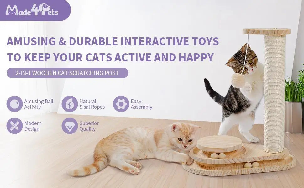 Durable cat scratching board by Pawssibly Pets with sisal rope post and interactive toys for cats