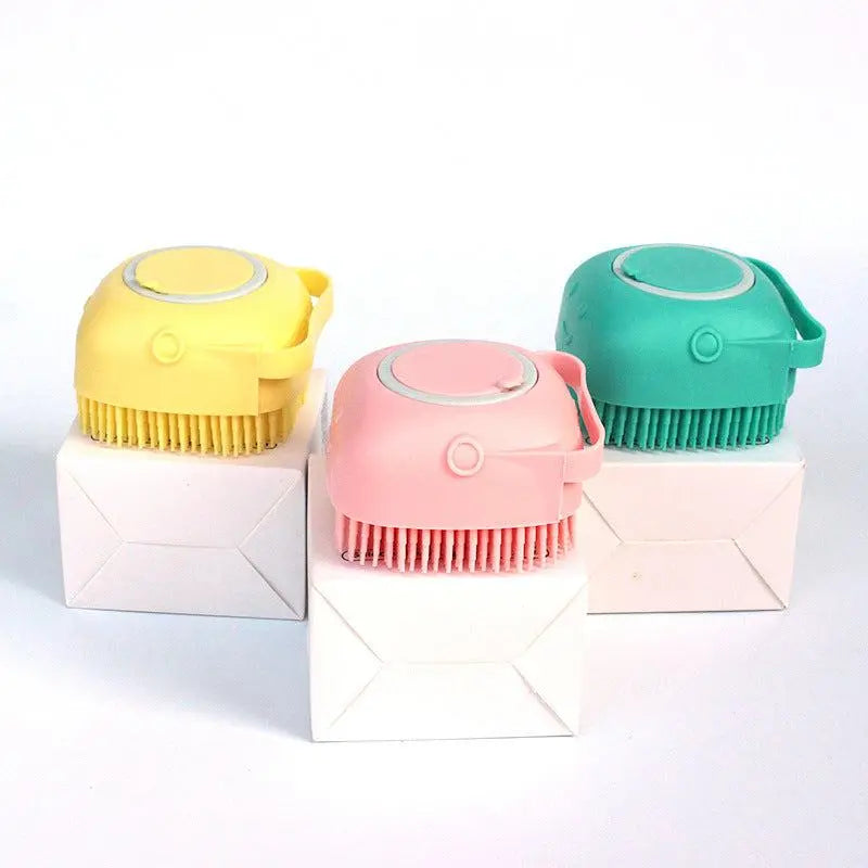 Pawssibly Pets silicone dog bath brush in yellow pink and green for grooming hygiene essentials