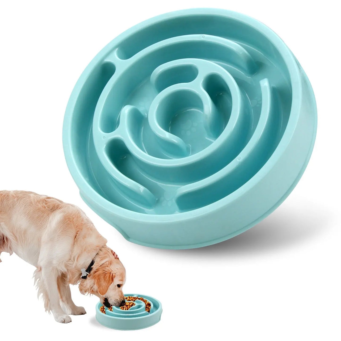 Pawssiblypets blue slow feeder dog bowl with maze design helping dogs eat food slowly