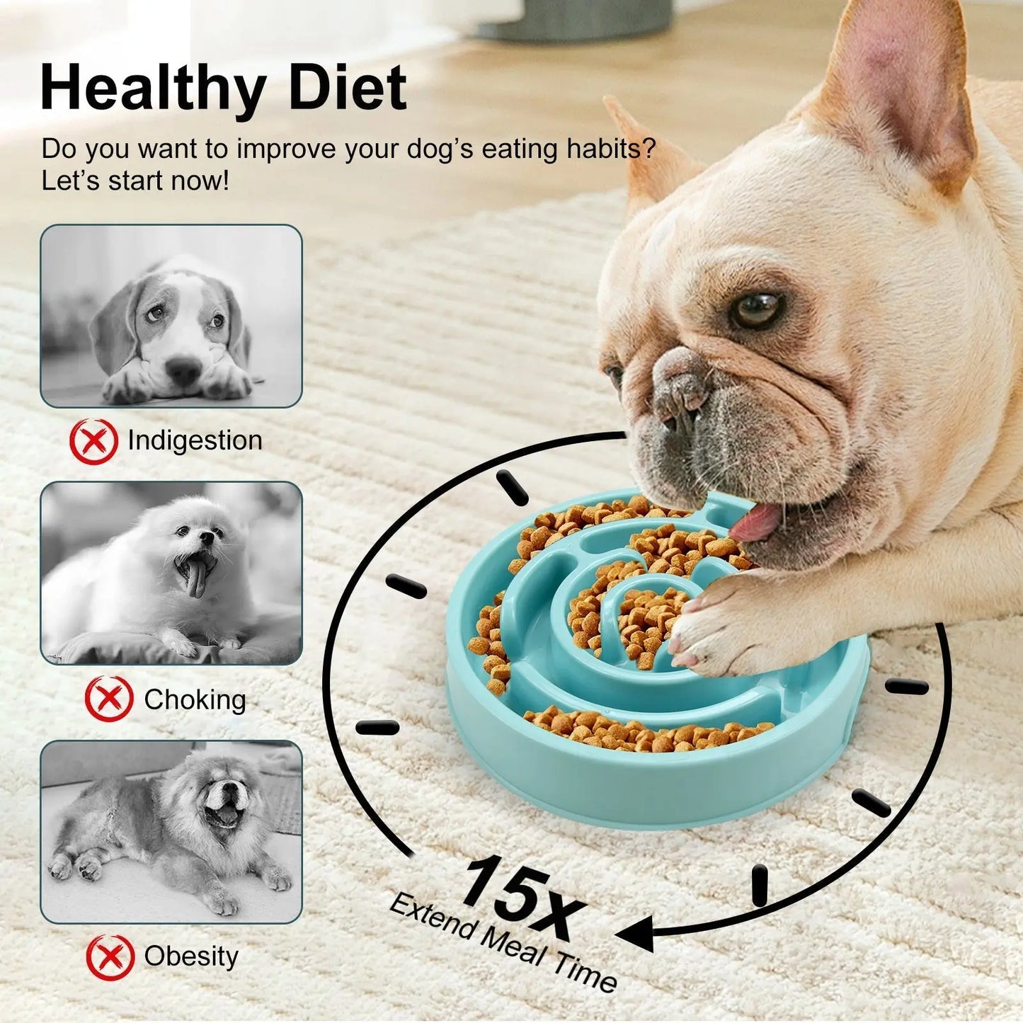 Pawssiblypets slow feeder dog bowl in blue with spiral design to extend meal time and improve healthy eating habits
