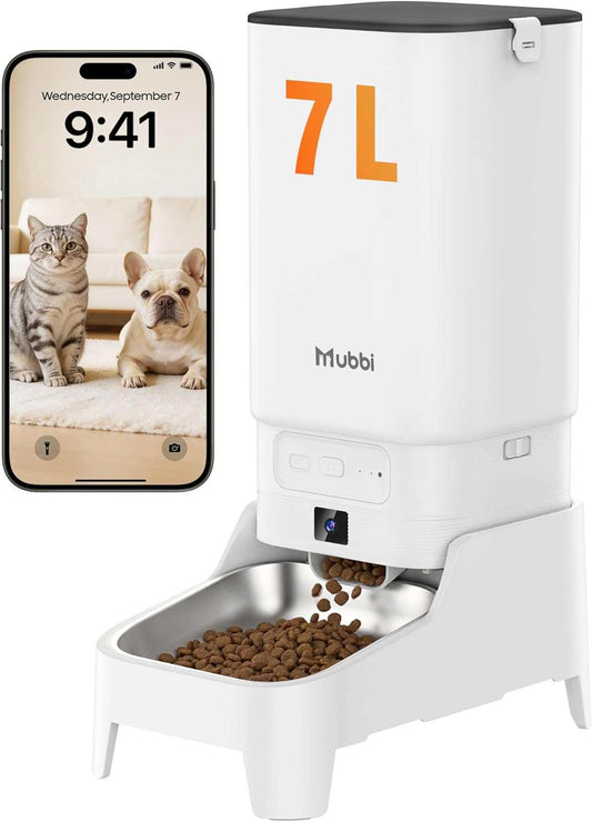 An Automatic Pet feeder with with a mobile device displaying a Cat  and Dog in a white background 
