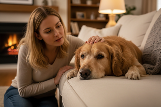 Worried woman sitting with her lethargic dog on a couch — why is my dog lethargic and not eating warning signs