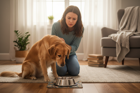 Worried dog owner sitting with their dog in a living room — why is my dog not eating causes and solutions