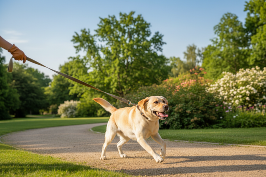 Labrador pulling on leash during walk in park — how to stop a dog pulling on the leash
