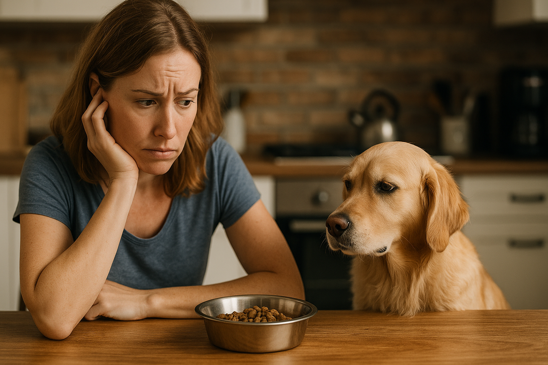 Worried woman watching her golden retriever ignore a food bowl illustrating dog not eating and appetite loss