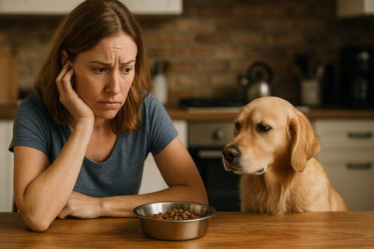 Worried woman watching her golden retriever ignore a food bowl illustrating dog not eating and appetite loss