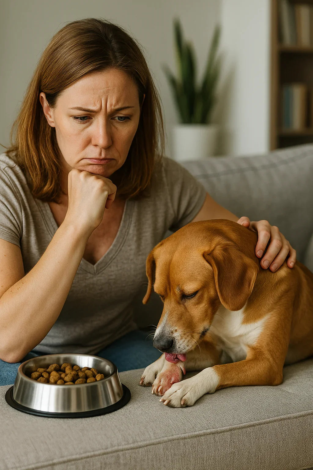 Concerned woman watches her dog licking its paw on the couch near a food bowl why do dogs lick their paws