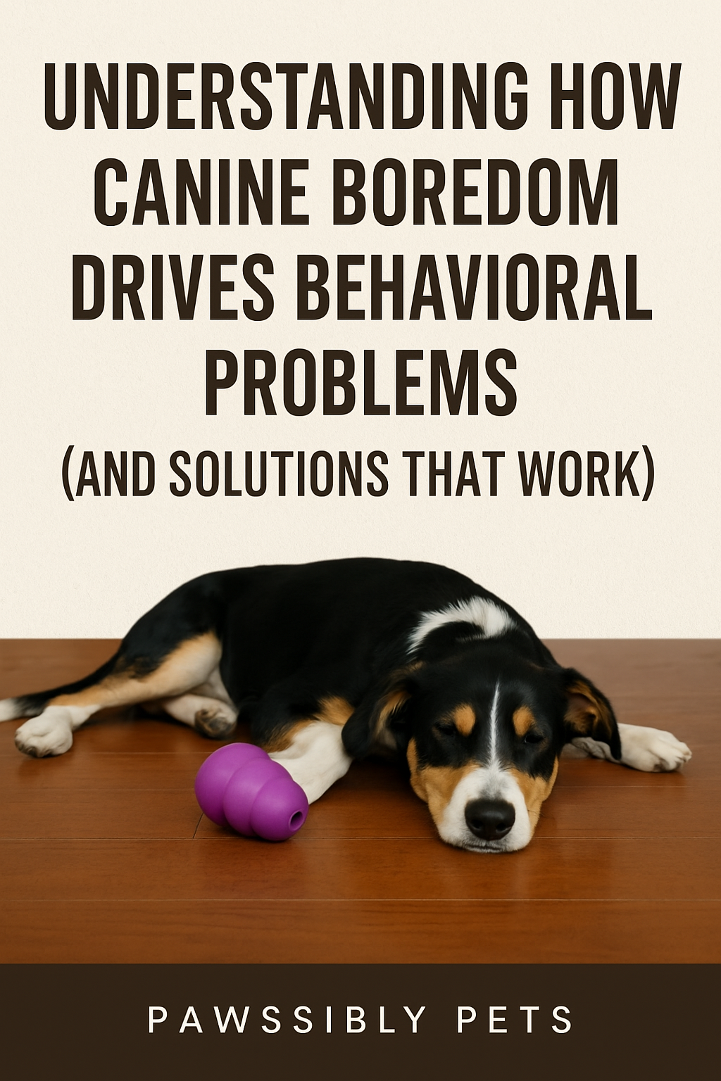 Signs my dog is bored shown by a sleepy dog lying next to a purple toy with text about canine boredom and behavioral problems