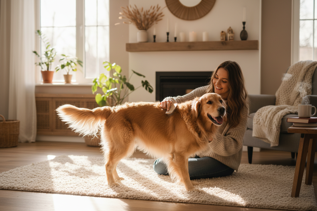 Owner brushing a happy dog at home