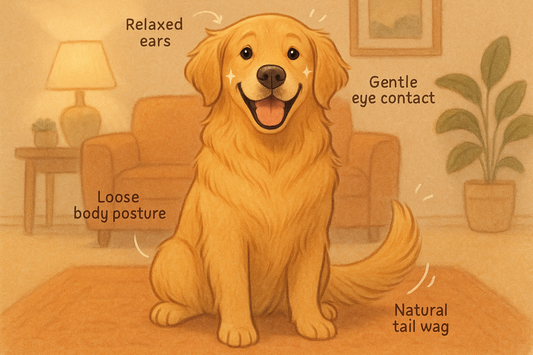 Illustration showing signs of a happy dog with relaxed ears, gentle eye contact, loose posture, and natural tail wag