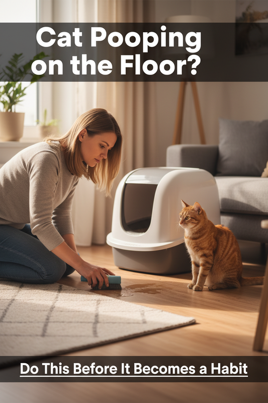 Owner cleaning floor near litter box with orange tabby cat watching