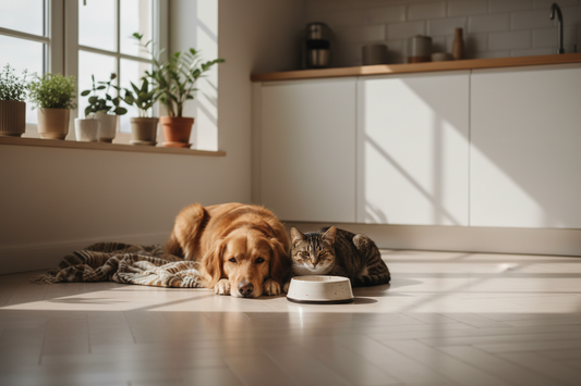 sad dog and cat sitting together next to empty food bowl