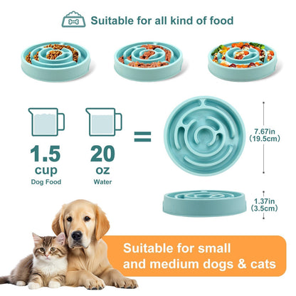 Pet feeding slow dog bowl with measurements and suitability for small to medium dogs and cats.