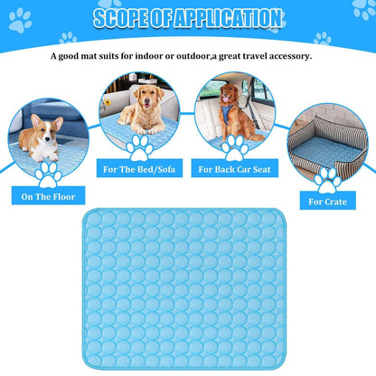 Pawssiblypets dog cooling mat in blue shown for use on floor, bed, car seat, and crate