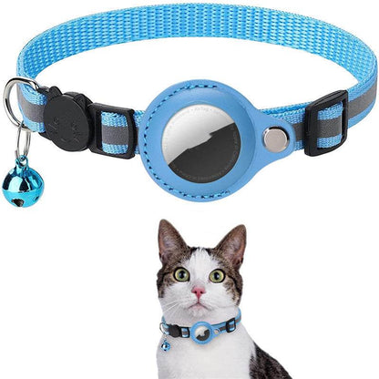 Blue pet collar with a bell and a cat wearing it on a white background