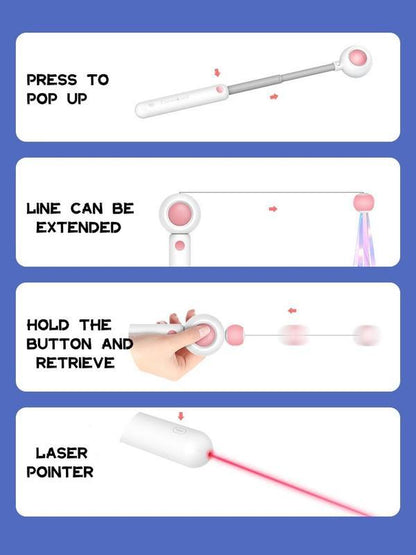 interactive cat toy with extendable line, pop-up feature, and laser pointer for pet entertainment