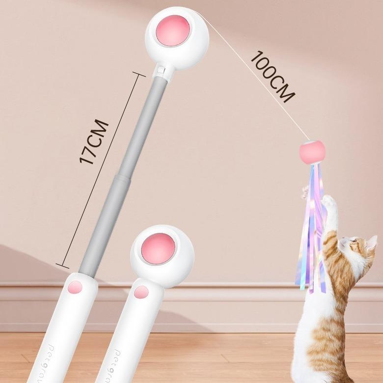 Interactive cat toy with extendable 17cm handle and 100cm dangling feather accessory