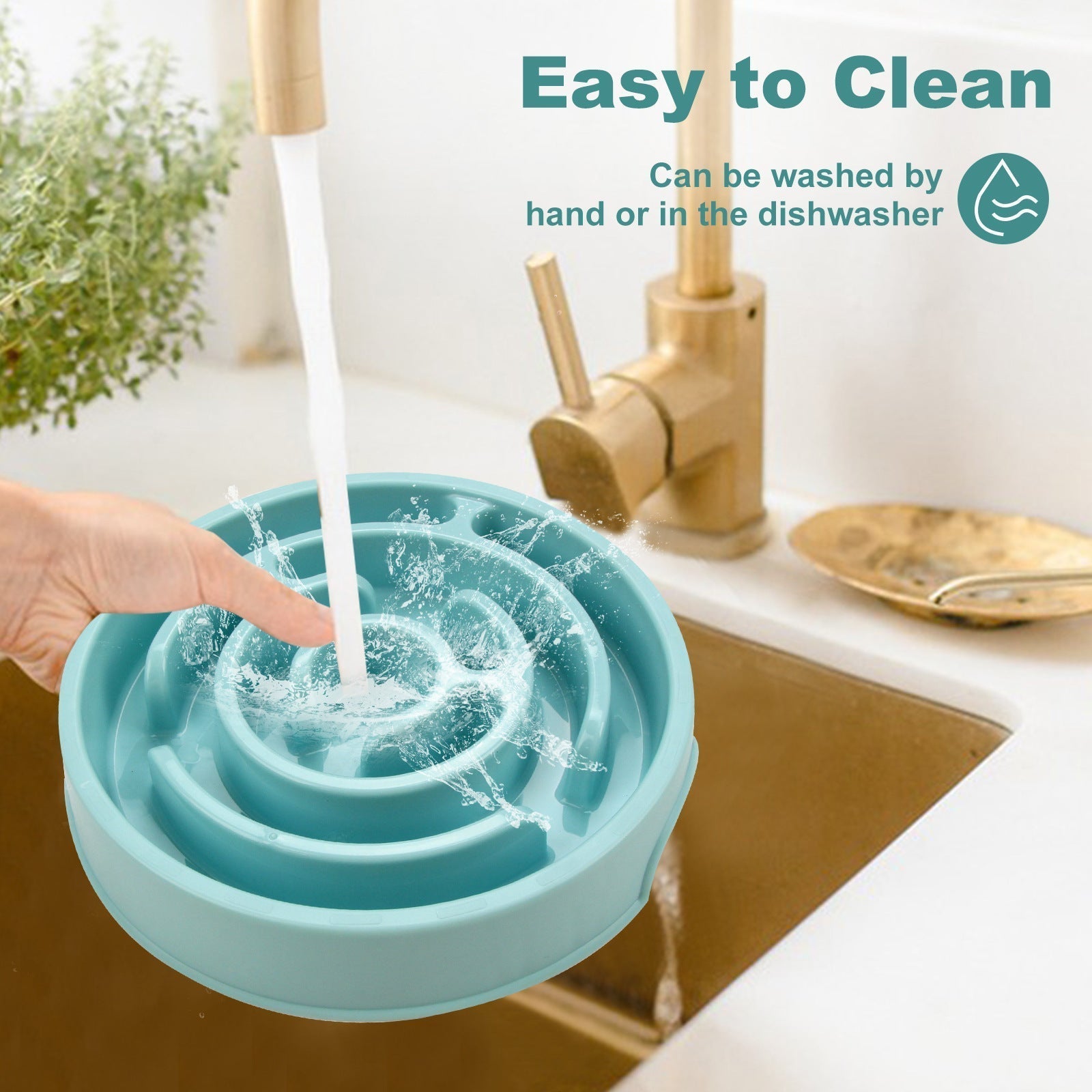 Blue mazed slow feeder dog bowl being rinsed under running water with text about cleaning with ease.